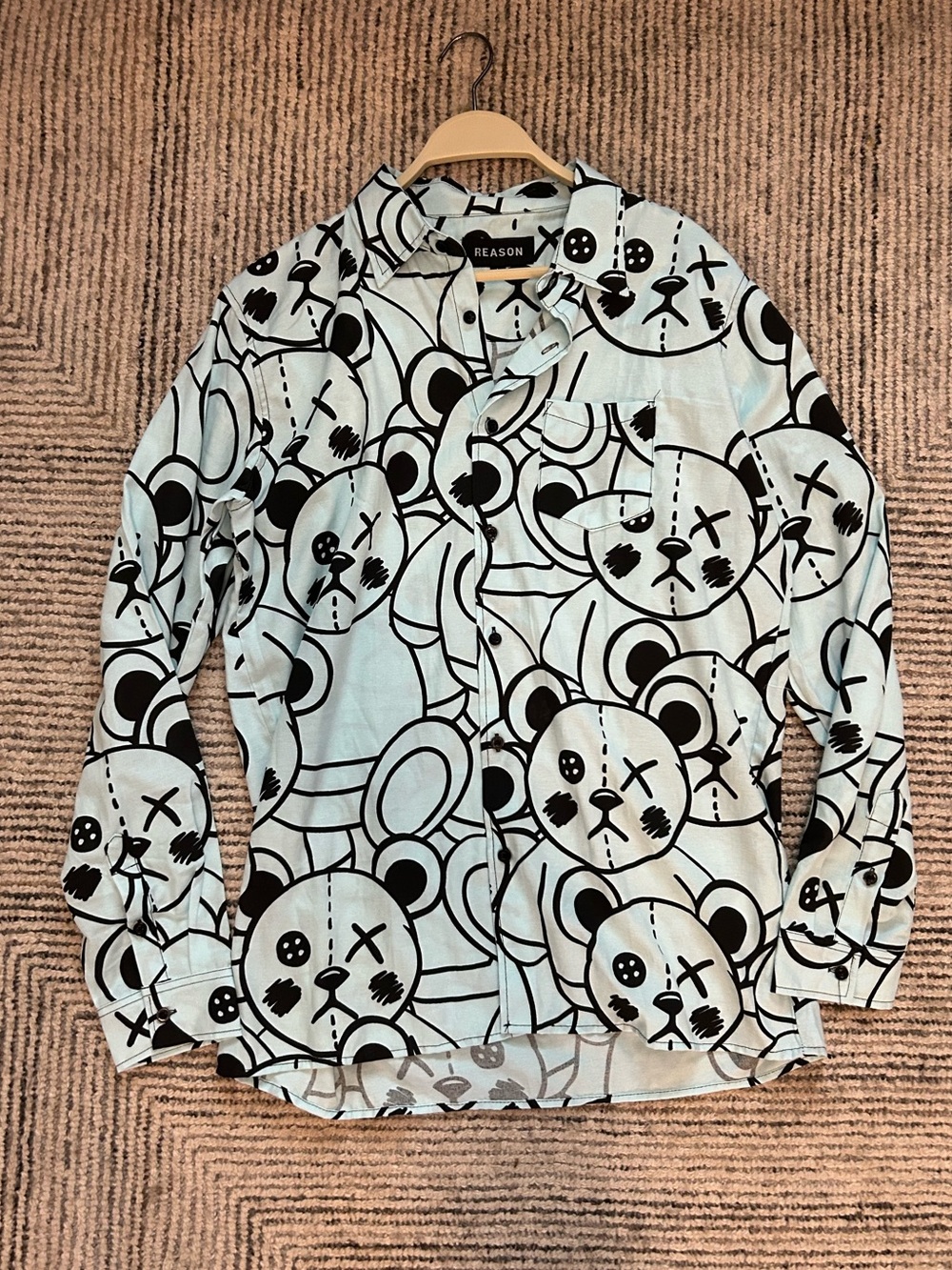 Teddy Bear Mens Large Button Up Reason Brand Blue Anime Gothic Streetwear Shirt